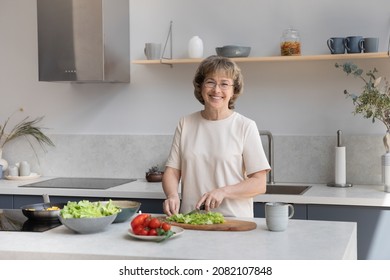 Happy Senior 60s Lady Chopping Fresh Vegetables For Salad At Kitchen Table, Looking At Camera, Smiling. Cheerful Homeowner Woman, Food Blogger Preparing Ingredients For Dinner. Head Shot Portrait