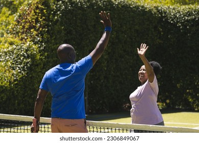 Happy senior african american couple high fiving over net on sunny grass tennis court. Senior lifestyle, retirement, sport, summer, fitness, hobbies and leisure activities. - Powered by Shutterstock