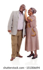 Happy Senior African Couple Using Mobile Phone Isolated On White Background