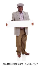 Happy Senior African Man Holding Blank Board Over White Background