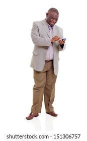 happy senior african man using smart phone isolated on white