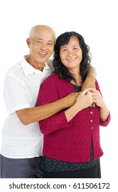 Happy Senior Aged Asian Couple In Love. Asian Senior Couple Smiling Isolated On White Background.