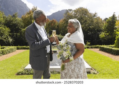 Happy senior biracial bride and groom drinking champagne toast in garden at sunny wedding ceremony. Marriage, romance, retirement and senior lifestyle, unaltered. - Powered by Shutterstock