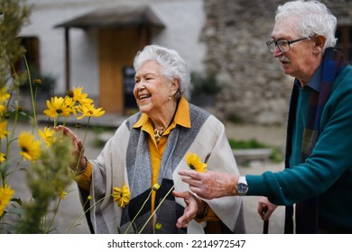 Happy Senior Couple At Autumn City Walk, Posing With Flowers.