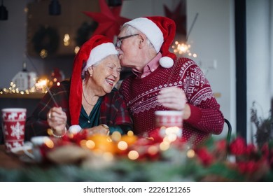 Happy senior couple celebrating Christmas Eve with sparklers. - Powered by Shutterstock