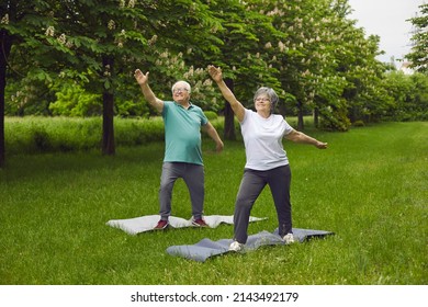 Happy Senior Couple Doing Sports Exercise In Nature. Cheerful Positive Energetic Retired Man And Woman Enjoying Outdoor Yoga Workout On Green Park Lawn In Summer. Fitness And Healthy Lifestyle Concept