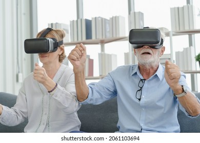 Happy senior couple, elderly family, caucasians mature, adult lover and retired man, woman wearing VR headset or visual reality goggles, gadget, play video game of simulator futuristic of technology - Powered by Shutterstock