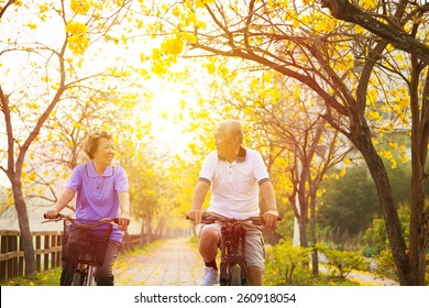 happy senior couple ride on bicycle  in the park