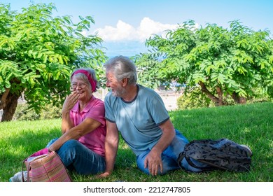 Happy Senior Couple Sitting In The Meadow During Summer Vacation Having Fun Together. Elderly People Enjoying Retirement And Free Lifestyle