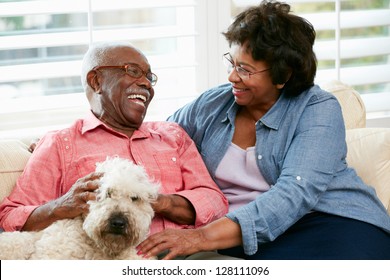 Happy Senior Couple Sitting On Sofa With Dog