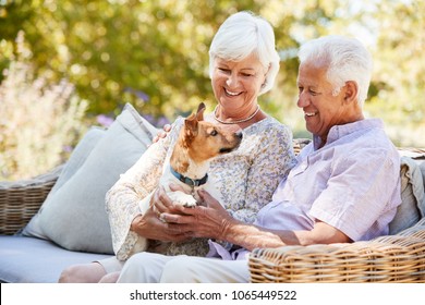 Happy Senior Couple Sitting With A Pet Dog In The Garden