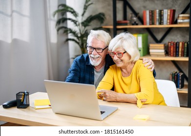 A Happy Senior Couple Is Using The Laptop Computer Indoor While Sitting At The Desk In The Home Office