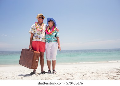 Happy senior couple wearing a garland and holding suitcase on the beach