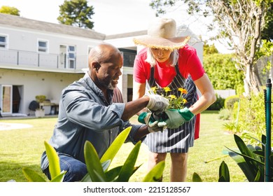 Happy Senior Diverse Couple Working In Garden. Spending Quality Time At Home And Retirement Concept.