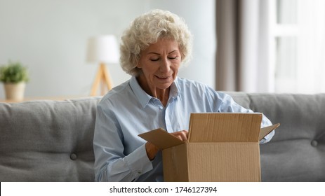 Happy Senior Grey-haired Woman Sitting On Couch Opening Carton Box Received Parcel Package, Makes Order Internet Website Older Generation Satisfied Client, Easy Fast Service Commerce Delivery Concept