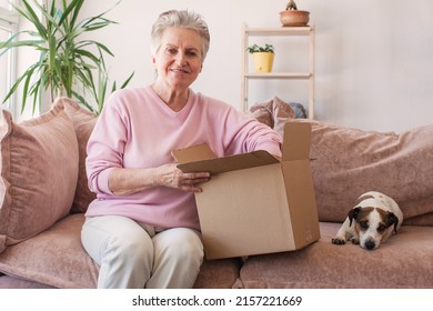 Happy Senior Grey-haired Woman Sitting On Couch Opening Carton Box Received Parcel Package, Makes Order Internet Website Older Generation Satisfied Client, Easy Fast Service Commerce Delivery Concept