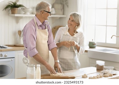 Happy senior husband and wife in aprons enjoying culinary hobby in home kitchen, baking fresh pastry food, beating dough, talking, laughing, discussing bakery recipe - Powered by Shutterstock