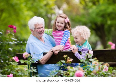 Happy senior lady playing with little boy and girl in blooming rose garden. Grandmother with grand children sitting on a bench in summer park with beautiful flowers. Kids gardening with grandparent.