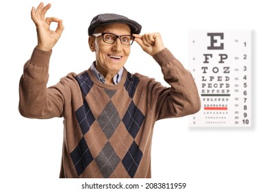 Happy senior man with glasses and an eye examination test isolated on white background
