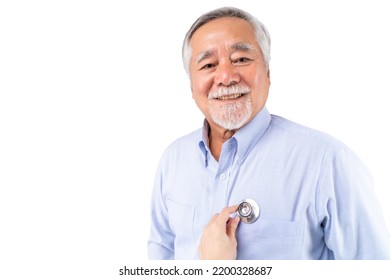 Happy Senior Man Health Check, Elderly Patient With A Stethoscope.