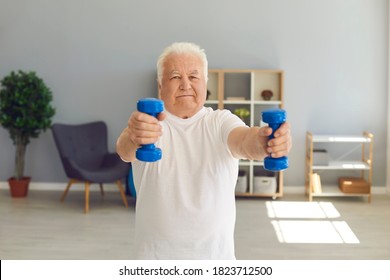 Happy senior man leading healthy lifestyle and staying young in old age doing fitness activity at home. Positive active mature male exercising with dumbbells in his living-room