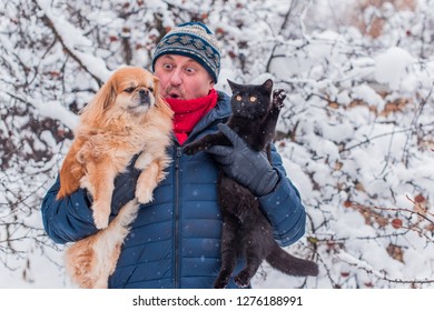 Happy Senior Man On A Walk With Tibetan Spaniel Dog And Black Siberian Cat, Life After 50 Years, Older Peoplу Lifestyle Concept