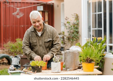 Happy senior man planting potted plants - Hispanic mature man doing gardening - Powered by Shutterstock
