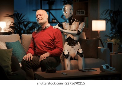 Happy senior man sitting on the couch at home and receiving a massage from a caring female AI robot - Powered by Shutterstock