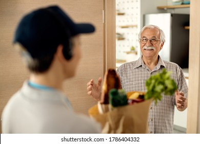 Happy Senior Man Talking To Deliverer Who Is Brining Him Bag With Groceries At Home. 