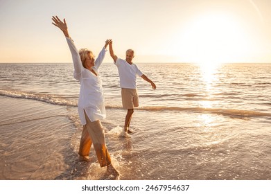 Happy senior man and woman old retired couple walking and holding hands arms raised on a beach at sunset - Powered by Shutterstock