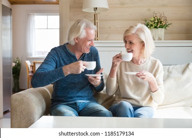 Happy senior old couple sitting on sofa in living room talking enjoying tea at home, smiling middle aged mature family chatting laughing drinking coffee having fun pleasant conversation together