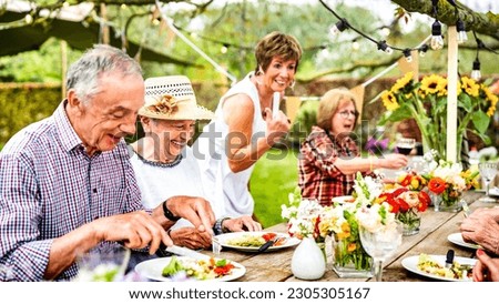 Happy senior people group having fun at pic nic barbecue garden diner - Food life style concept with mature friends cooking out at barbeque grill fest - Warm vivid filter with focus on left woman