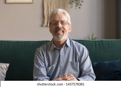 Happy senior retired man blogger looking at camera recording vlog, smiling old elder grandfather talking to webcam make distance online call or video chat sit on sofa at home, webcamera view portrait