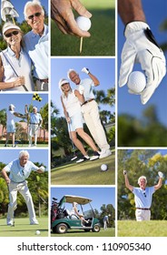 Happy Senior Retired Man And Woman Couple Together Playing Golf, Putting On A Green,and Celebrating Success