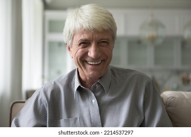 Happy Senior Take Part In Video Call Smile Looks At Cam, Laughing, Enjoy Remote Talk Participate In Videoconference To Family Living Abroad. Virtual Meeting Event Profile Picture Of Old Man, Head Shot