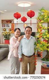 Happy senior Vietnamese couple at home decorated for tet celebration; couplets with best wishes for the upcoming year in the background