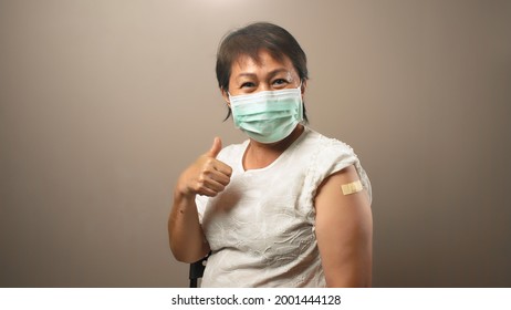 Happy Senior Woman After Receive Vaccine Dose, Ideas For Senior Citizen Getting Fully Vaccinated, No Side Effects From Covid Vaccine, Encourage Older Adults To Getting Vaccine, Vaccination At Home