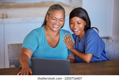 Happy Senior Woman And Caregiver With Laptop Excited Over Video Call, News Or Streaming Exciting Movie. Wow, Communication And Elderly Retirement Black Woman And Nurse In Online Conversation At Home