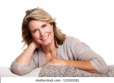 Happy senior woman. Isolated on white background.