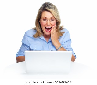 Happy Senior Woman With Laptop Computer. Isolated Over White Background.