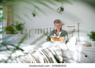 Happy Senior Woman Reading Book In Bed At Home.