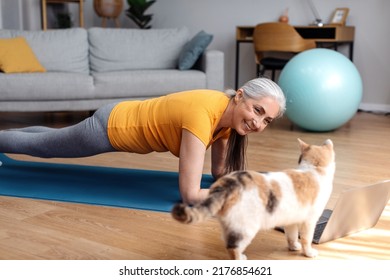 Happy Senior Woman In Sportwear Working Out At Home And Watching Tutorial Lesson On Laptop, Doing Exercises On Mat In Living Room With Cat