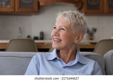 Happy Senior Woman Staring Aside Seated On Sofa At Home. Pensioner Female Enjoy Carefree Retired Life Feel Overjoyed Pose Alone Indoor. Natural Beauty, Medical Insurance Cover Ad For Elders Concept