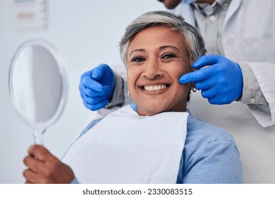 Happy senior woman, teeth and dentist for dental care, appointment or checkup at clinic. Portrait of elderly female person smile for tooth whitening, cleaning or oral, mouth and gum care at hospital - Powered by Shutterstock