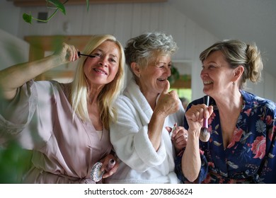 Happy Senior Women Friends In Bathrobes Doing Make Up Indoors At Home, Selfcare Concept.