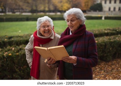 Happy Senior Women Friends On Walk Outdoors In Town Park In Autumn, Reading Book And Talking.