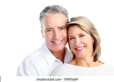 Happy Seniors Couple In Love. Healthy Teeth. Isolated Over White Background