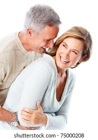 Happy Seniors Couple In Love. Healthy Teeth. Isolated Over White Background