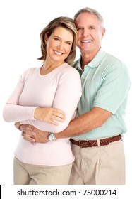 Happy Seniors Couple In Love. Healthy Teeth. Isolated Over White Background