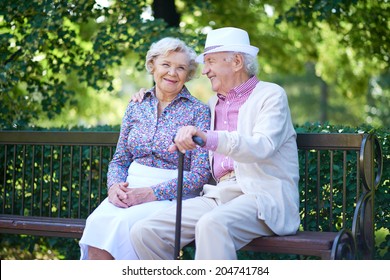 Happy Seniors Talking While Sitting In The Park